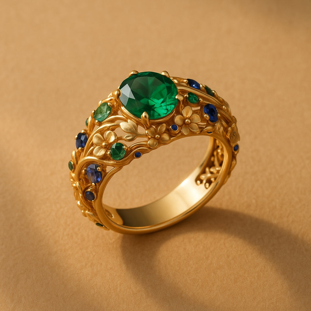 Anello in Oro con Cristalli Verdi e Blu