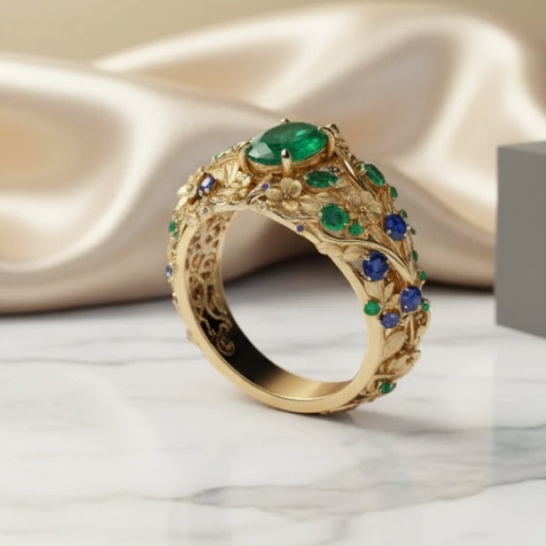 Anello in Oro con Cristalli Verdi e Blu